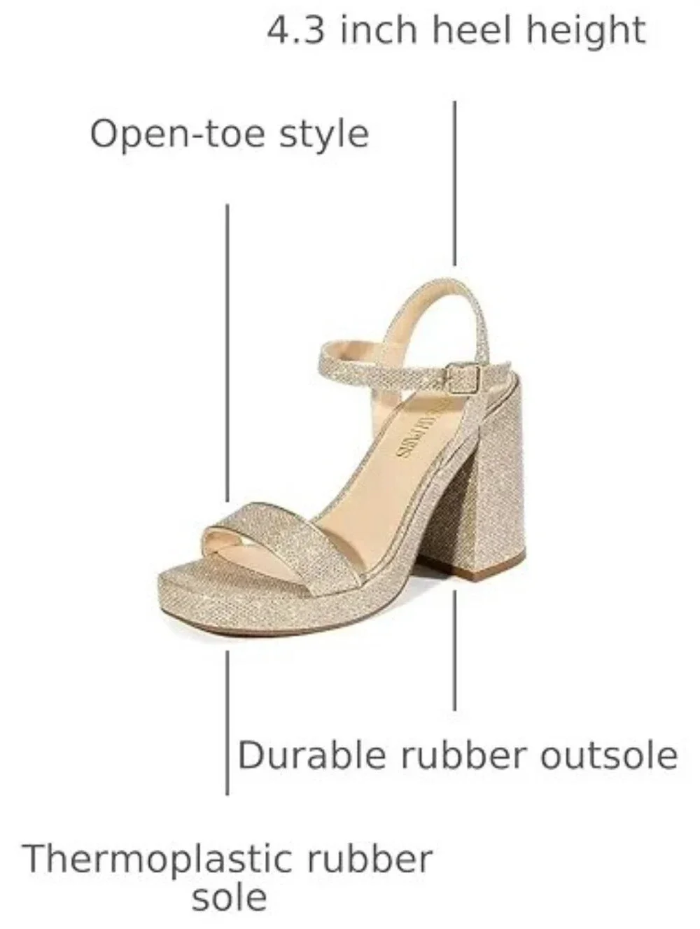 Gold Sparkle Platform Chunky Block Heel Sandals Women's Gogo 70s Y2K Date, 5.5